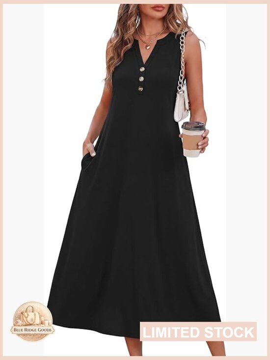 Dresses & Skirts - Casual Midi Dress Sleeveless Button Front Beach Vacation Sundresses with Pockets